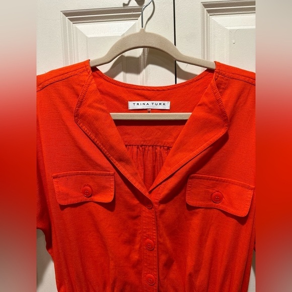 Trina Turk Incandescence High-Low Shirtdress Linen Blend in Torch color,size M - Picture 10 of 11